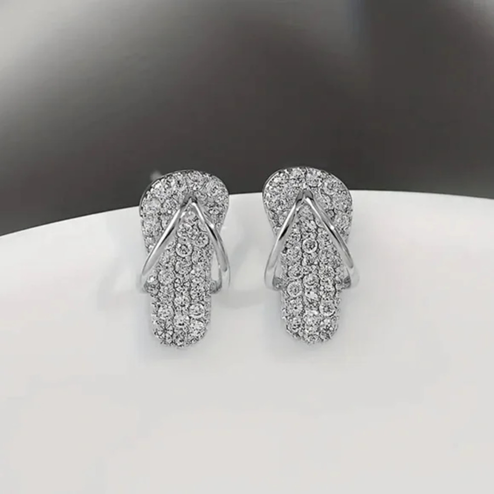 Dainty Flip Flop Ear Studs with Rhinestones in Silver color